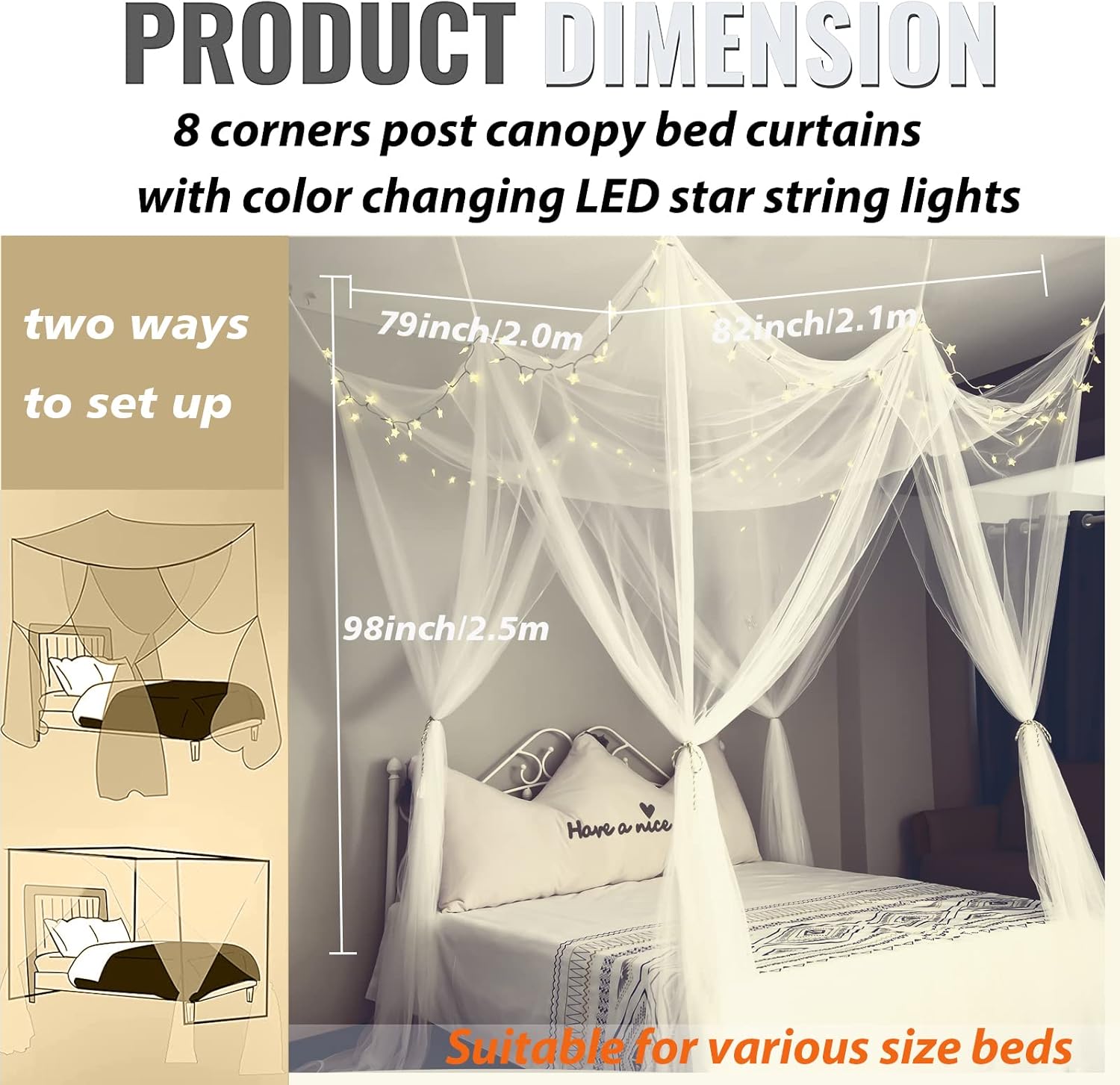 White Bed Canopy with 24 Colors Star Lights for Girls, 8 Corner Princess Canopy Bed Curtains with Color Changing LED String Lights Remote Timer for Adults Women Bedroom, Twin Full Queen King Bed